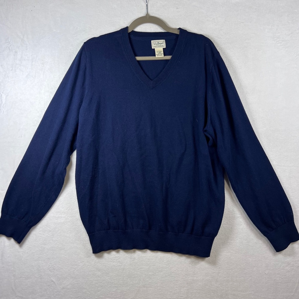 LL Bean Mens Navy Blue Cotton Cashmere V-Neck Sweater Size L-REG